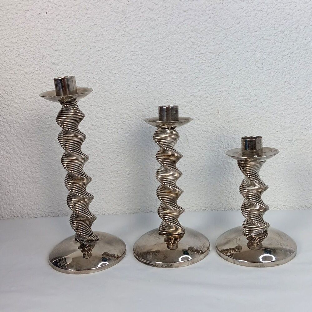 Set of 3 Silverplate Swirled Wire Candle Holders Vintage MCM Holds Tapered